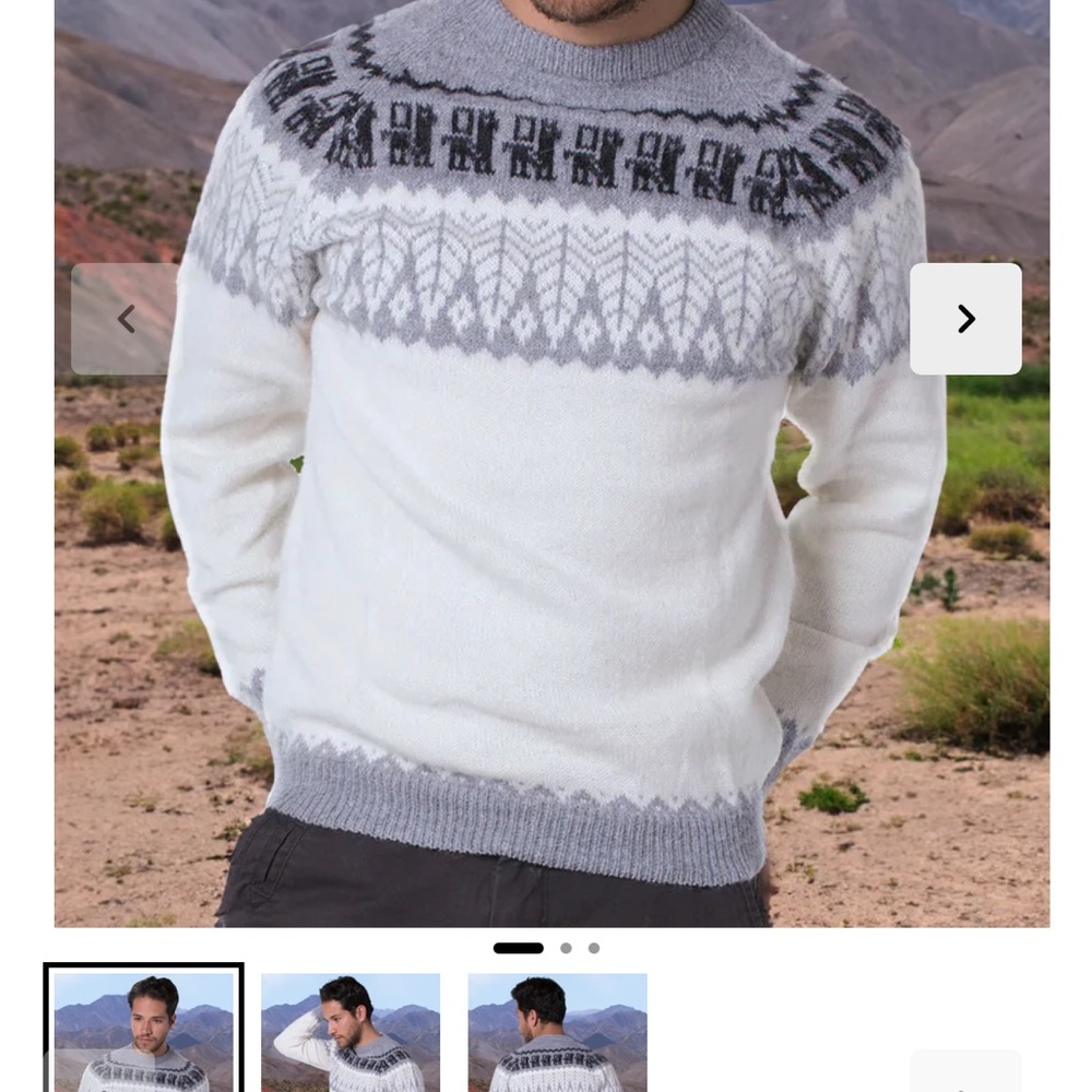 Men's Crewneck Fair Isle Sweater in White and Light Gray